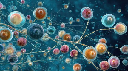 Abstract Representation of Colorful Cells and Their Connections in a Microscopic View with Bubbles and Networks