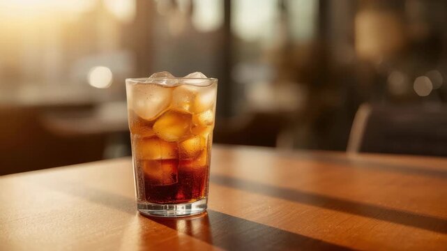 Refreshing fizzy beverage glass with melting ice, warm bokeh sunlight, summer glow
