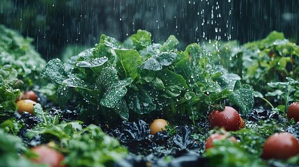 Raindrops on fresh organic garden vegetables, including leafy greens and ripening tomatoes, during natural irrigation in a vibrant outdoor garden.
