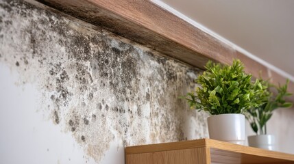 Close-Up of Mold Growth on Wall with Wooden Trim and Decorative Greenery in Indoor Environment