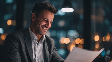 Happy Businessman Reviewing Documents in Modern Office
