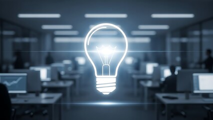 illuminated light bulb icon glowing in modern office space with computer workstations and employees working in background