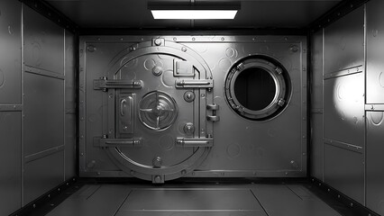 Empty square room with The door and window of the ship polishing metal. Perhaps the door compartment of the submarine