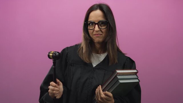 Woman judge holds gavel and stack of law books in studio with pink backdrop, gripping gavel and cradling books; authority justice.
