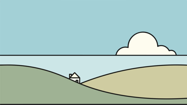 Countryside scene with rolling hills and a small house