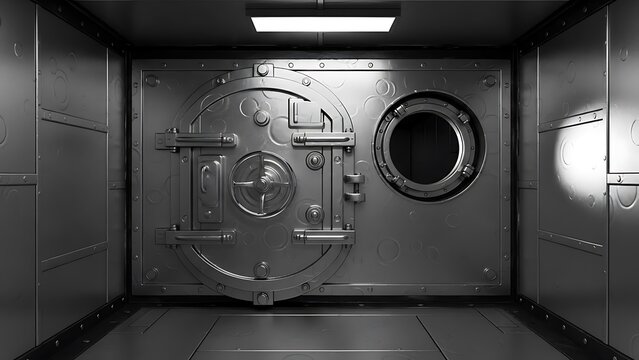 Empty square room with The door and window of the ship polishing metal. Perhaps the door compartment of the submarine
