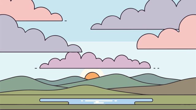 Serene landscape illustration with pastel sky, rolling hills, and a wavy river at dawn or dusk