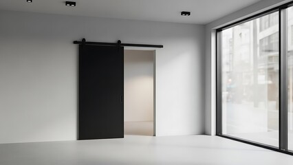 Empty square room with Black sliding door in the shop or windows