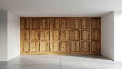 Empty square room with Classic wall of vintage beech wood panels. Joinery in the interior