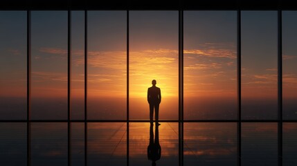 Ambitious Businessman admires city sunset view from office