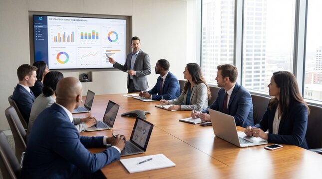 Diverse business team collaborating and presenting data analysis during a modern office meeting.
 - Powered by Adobe