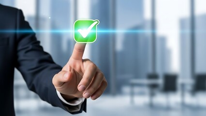 man in suit pointing to green checkmark button with blue light beam in modern office space with blurred cityscape background