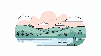 Fototapeta premium Serene landscape with tranquil body of water, rolling hills, and soft pink sky at sunrise or sunset