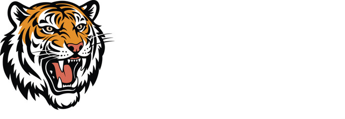 Roaring tiger head vector illustration with sharp teeth and fierce expression for powerful sports mascot.