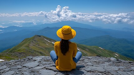 Woman in yellow hat sitting on mountain peak admiring vast panoramic landscape with layered clouds and blue sky