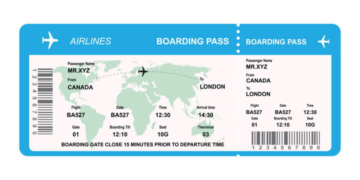Airline ticket design. Airplane boarding pass with passenger name and destination. Travel, trip or business trip concept.