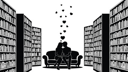 Romantic couple silhouette vector illustration sitting on sofa between bookshelves with floating hearts, love relationship library scene design isolated on white background © MstMaher