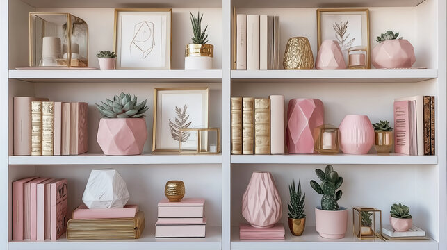 White Bookshelf Pink Gold Decor, Elegant Home Office Interior, Zoom Virtual Meetings Backgrounds, Backdrop, Modern Chic Shelving, Pastel Aesthetic Design, Geometric Vases Succulents, Workspace