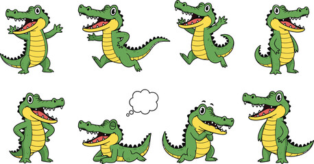 Obraz premium Funny cartoon crocodile character set with multiple poses expressions for kids education playful animal mascot vector illustration design collection isolated