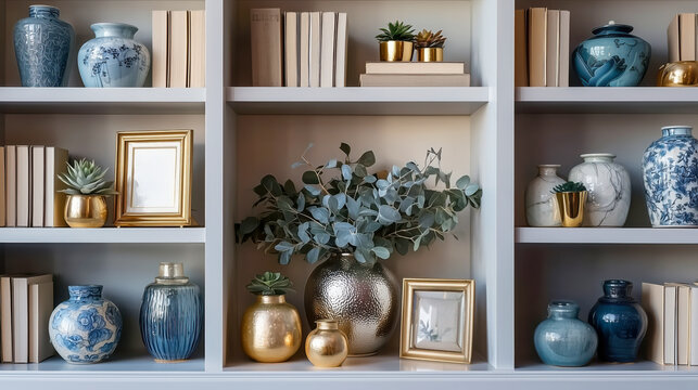 Panoramic White Bookshelf, Pink Blue Gold Home Office Decor, Zoom Virtual Meetings Backgrounds, Backdrop, Elegant Interior Design, Modern Chic Shelf, Professional Workspace, Panoramic Background