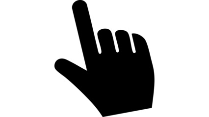 Black hand gesture icon with index finger raised on white background for communication and direction