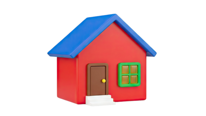 3D Render of a Simple Red House with Blue Roof and Green Window