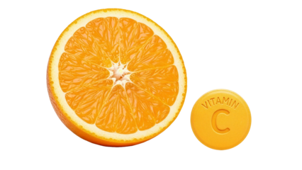 Fresh orange fruit half with vitamin c tablet isolated on transparent background