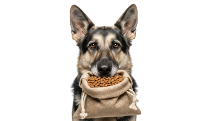 German shepherd dog holding a bag of kibble in its mouth isolated on transparent background