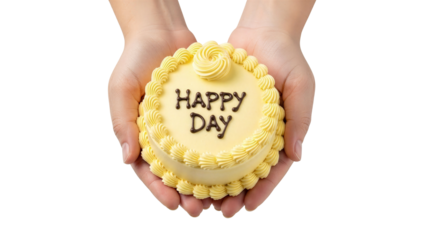 Delicious yellow cake with happy day message held in hands isolated on transparent background