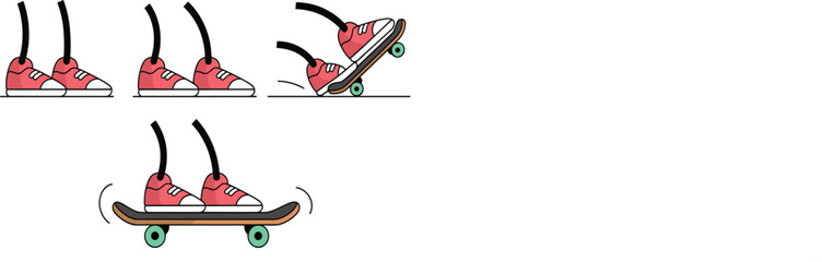 Cartoon character legs wearing red sneakers riding a skateboard in various dynamic poses and movements. © Monjurul