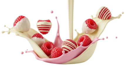 Raspberry splashes in white chocolate creating a beautiful dessert scene on transparent background