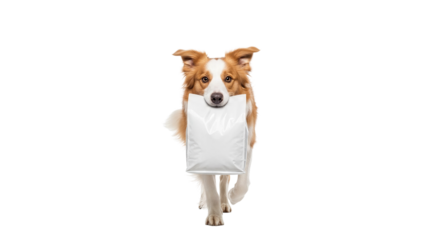 Adorable dog carrying a white pillow in its mouth isolated on transparent background for pet lovers