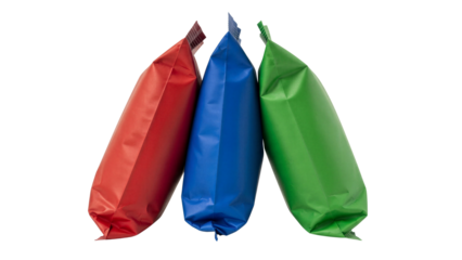 Colorful bags in red, blue, and green isolated on transparent background