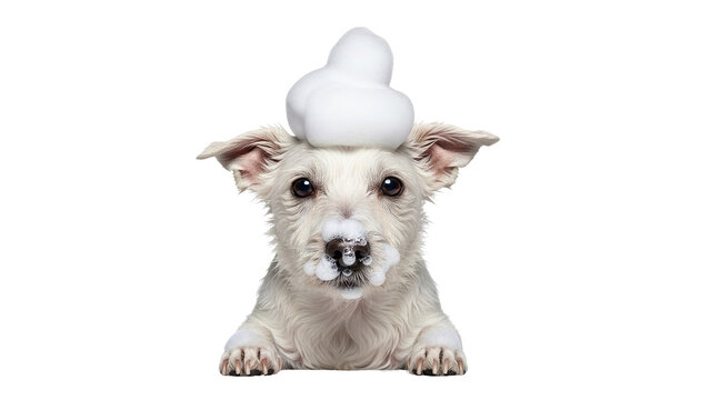 Adorable dog with soap bubbles on its head isolated on transparent background