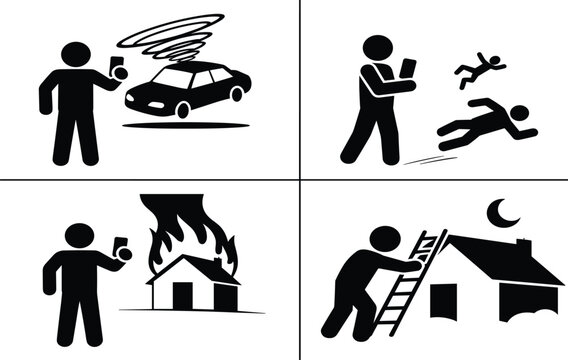 Stick Figure Silhouette Icons Depicting People Recording Emergencies Accidents And Criminal Acts Using Mobile Phones.