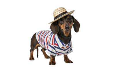 Cute dachshund dog wearing a straw hat and striped shirt isolated on transparent background