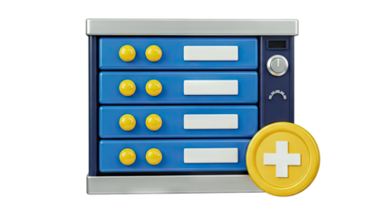 3D Render of a Server Rack with a Plus Coin