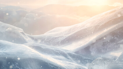 Abstract Icy Mountain Landscape With Soft Sunlight And Falling Snow In Winter Season