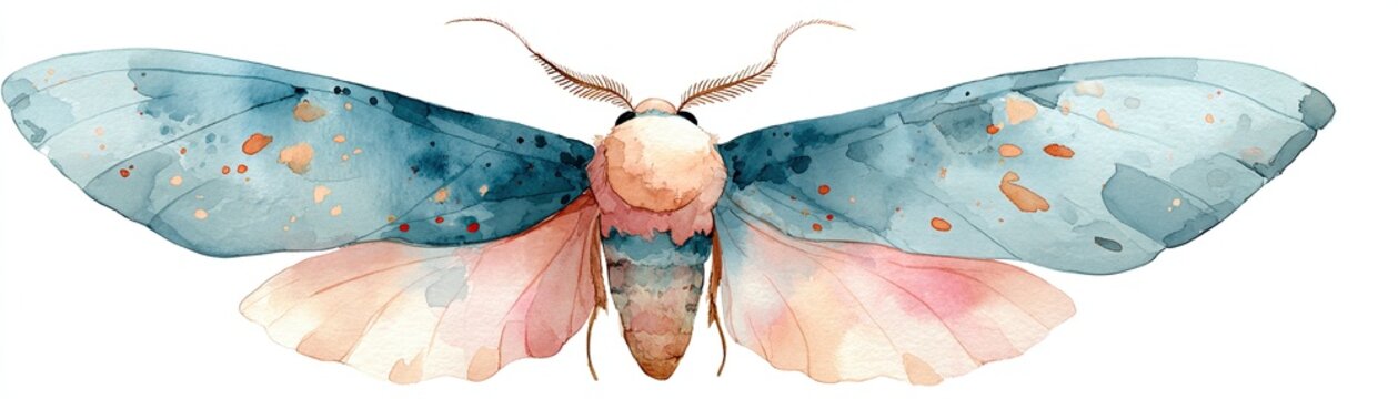 A beautifully illustrated watercolor moth with blue and pink wings, showcasing intricate patterns and delicate features.