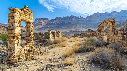 Abandoned Historic Stone Ruins of a Ghost Town in a Desolate Desert Valley with Majestic Mountains.