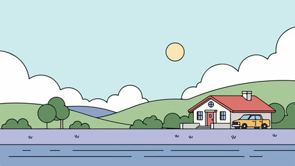 Illustration of a serene lakeside countryside scene with a house and car