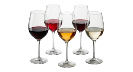 Five Wine Glasses with Red and White Wine