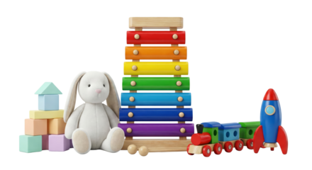 Colorful Children's Toys: Xylophone, Train, Rocket, Blocks, and Stuffed Bunny