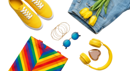 Colorful Summer Fashion Flat Lay: Sneakers, Jeans, Sunglasses, Headphones, Tulips