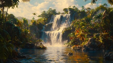 Lush tropical jungle waterfall cascading into a clear river with vibrant green foliage and golden sunlight on a serene day.