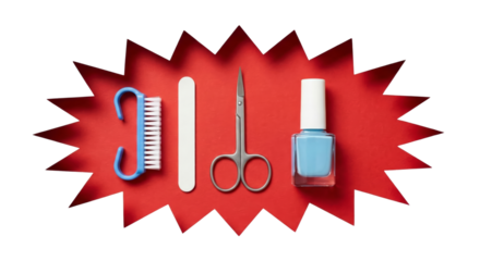 Nail Care Tools and Blue Polish on Red Starburst Background
