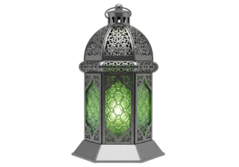 ornate green ramadan lantern with intricate metal lattice pattern
