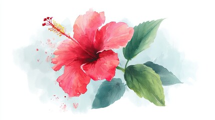 A vibrant illustration of a hibiscus flower with pink petals and green leaves, showcasing its beauty in a watercolor style.