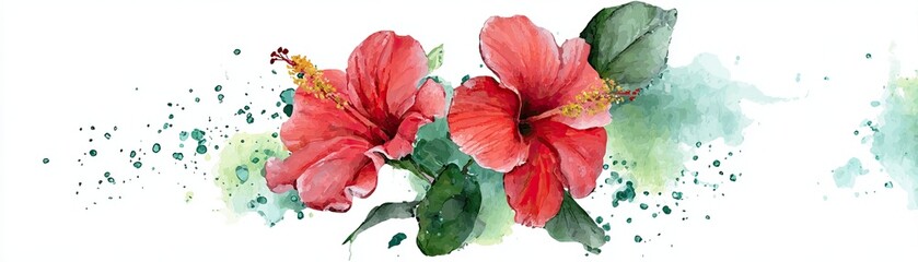 Watercolor illustration of vibrant hibiscus flowers paired with green leaves, creating a lively and artistic floral design.