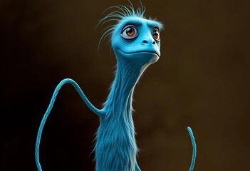 A tall, lanky, blue monster with long, noodle-like arms and a single, blinking eye, looking surprised,  long arms,  shocked